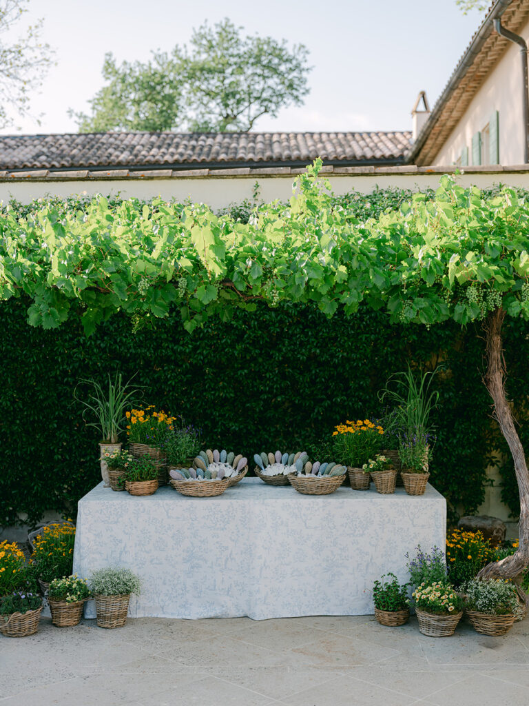 Guest fan station framed by potted greenery and yellow flowers during Casey and James’s cocktail hour at Château de Tourreau.
