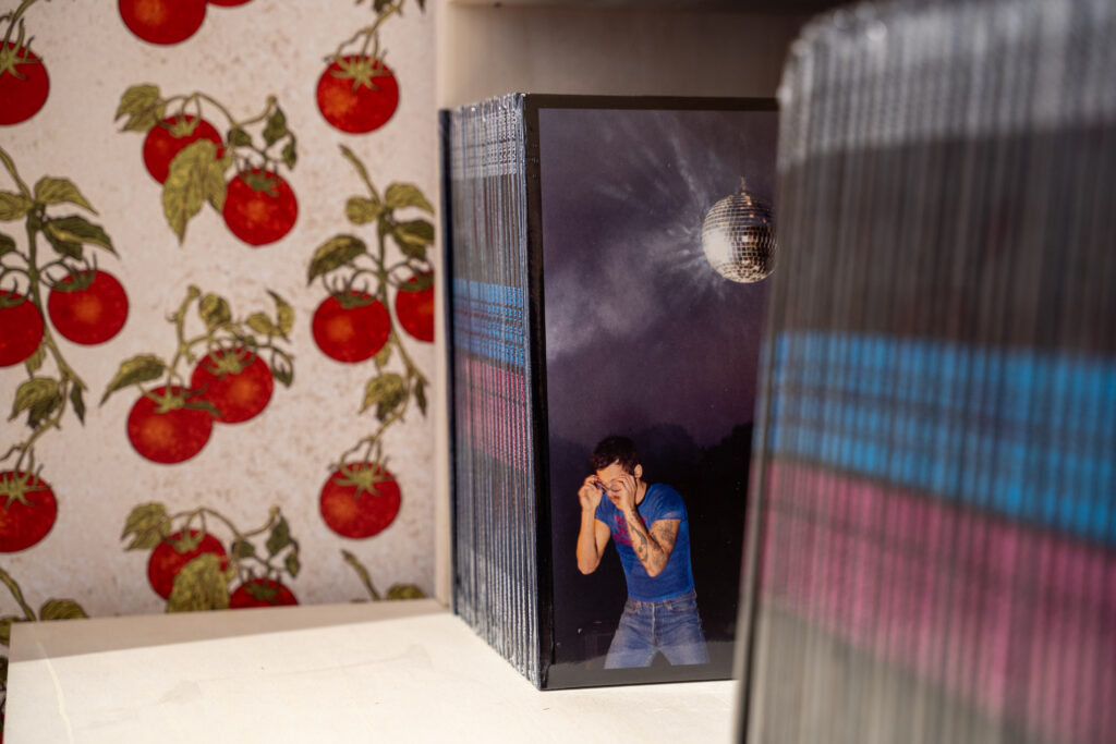 Copies of Harry Styles' Kiss All the Time. Disco, Occasionally. vinyl displayed against tomato-print wallpaper.